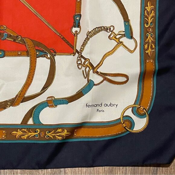 Vintage Fernand Aubry Paris Scarf Equestrian Design Blue Cream Red Tan Gold 30” - Picture 9 of 15